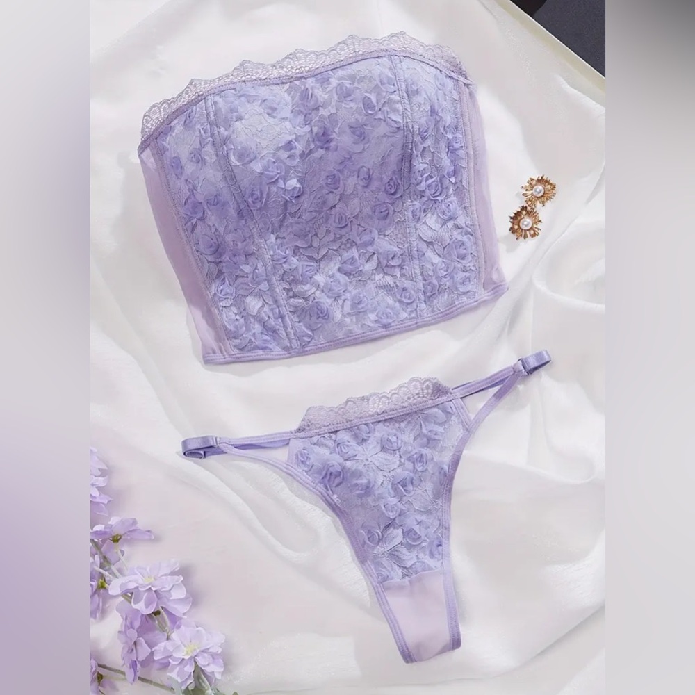 Gigi Angelic Lavender Purple Floral Rosebud Lace Mesh Strapless Top + Thong Set